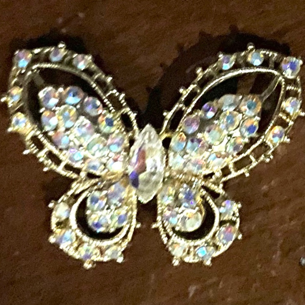 Vintage Filigree Gold and Rhinestone Butterfly Brooch